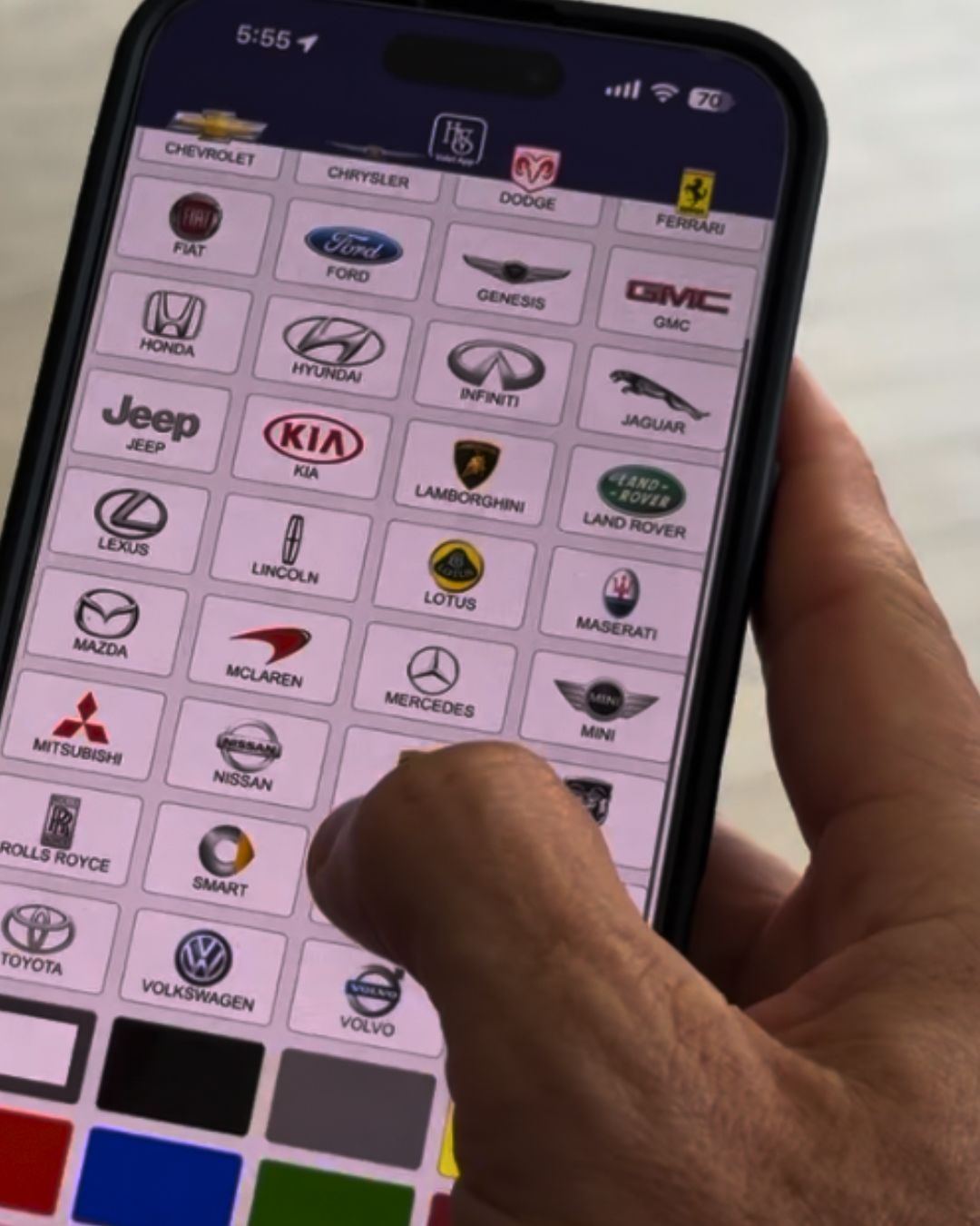 Attendant selecting a car make in the HVS valet app